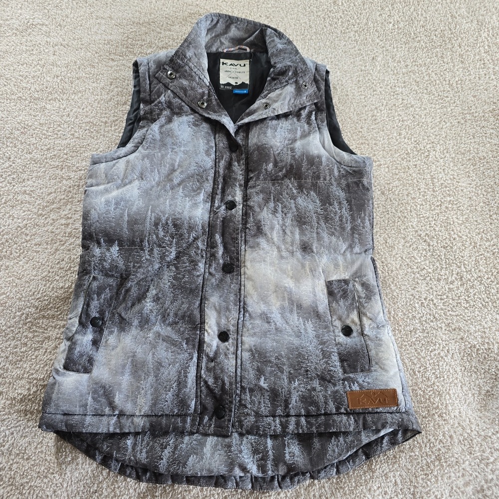 Kavu Puffer Vest Gray Forrest Motif Lightweight Gorpcore Outdoor Women's Size S
